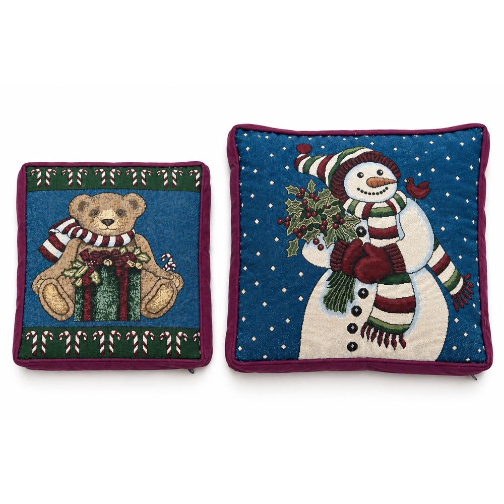 Madison Landing Christmas Tapestry Throw Pillows Set Snowman Teddy Bear Holiday